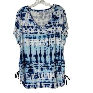 Sunday Blue Tie Dyed Womens 2X V-Neck Short Sleeve Ruched Sides Top Shirt